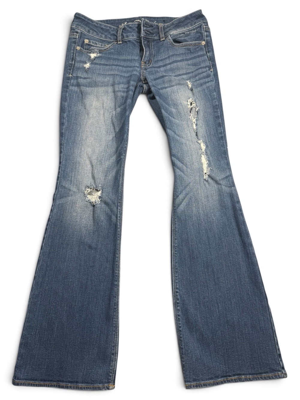 American Eagle Size 8 Stretch Artist Distressed Flare Jeans Medium Blue Y2K